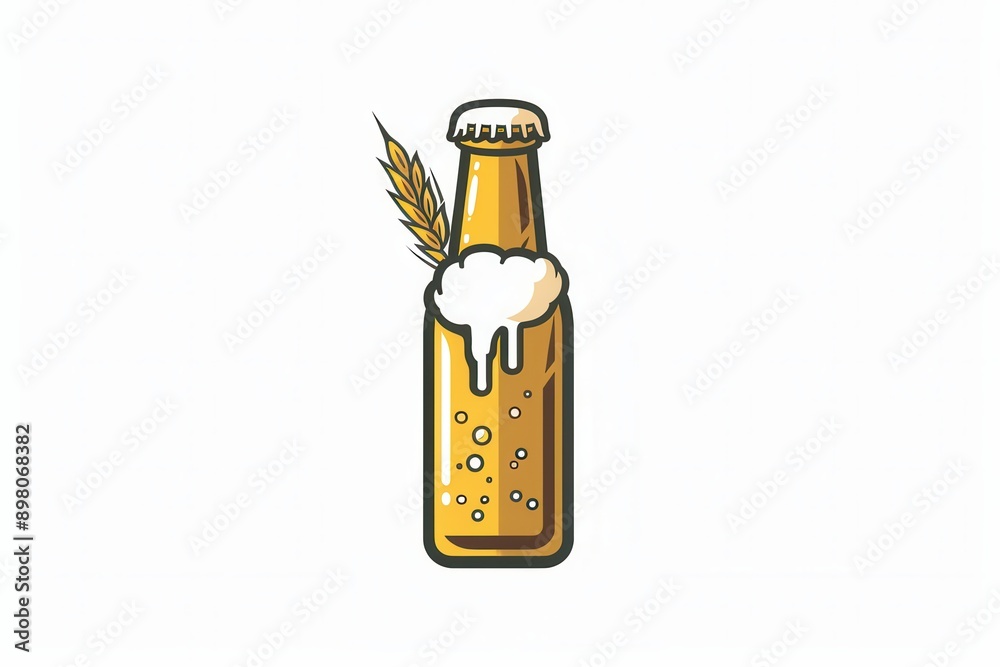 Poster a simple beer logo with a single beer bottle, white foam, and a wheat stalk on a white background. g