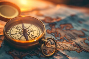 Vintage compass on an old map with sunlight
