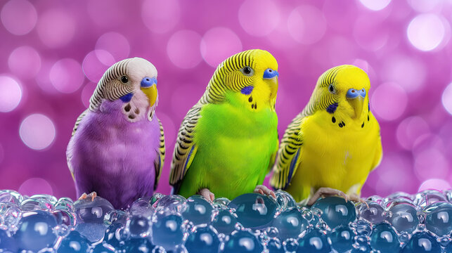 Three colorful parakeets perched on a bubbly surface with a vibrant, bokeh-filled pink background, creating a playful and lively scene.