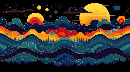 Abstract Night Sky Over Rolling Hills