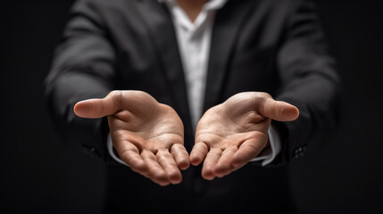 Close-up of a man's hands held out, palms up, against a dark background, suggesting offering or openness.