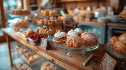 Assorted pastries on display in a bakery shop