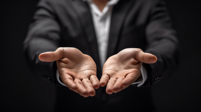 Close-up of a man's hands held out, palms up, against a dark background, suggesting offering or openness.