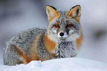 Obraz premium Close-up of a red fox sitting in the snow, looking directly at the camera, fur with shades of reddish-brown, and there is a dusting of snow on its head, highlighting the cold environment.
