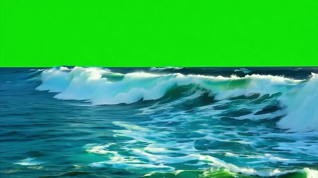 Crashing breaking ocean waves on stormy seas against a chroma key green screen.