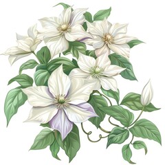 White Clematis Flowers with Green Leaves.