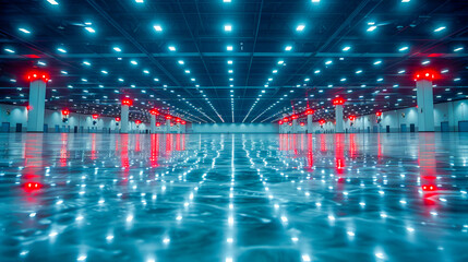 Empty trade show hall with lights reflecting on shiny floor