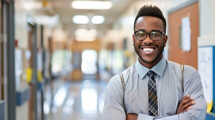 Obraz premium African American Male High School Teacher Smiling in Hallway