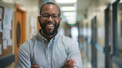 Naklejka premium African American Male High School Teacher Smiling in Hallway