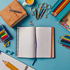 Back to school concept. Books on teacher or student workplace background with school supplies on blue table.