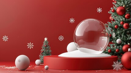 Christmas tree in Glass snow globe on red background, Christmas decorative design with white snowdrift,snowflakes,glow garland,3d decorative garland glow.Xmas Decorations,Vector illustration.