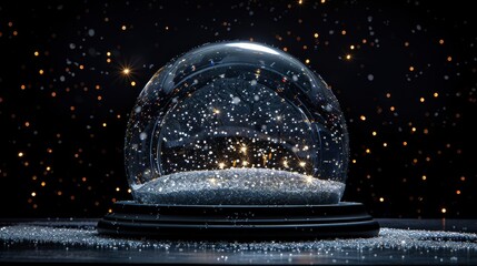 Christmas decorative empty glass snow globe in black blackground, podium with snowman,christmas tree,pine cone,white snowdrift under transparent dome, glow garland,Xmas greeting card with decoration.