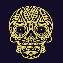Gold color skulls patterns graphic print, It represents death in the next world, Design element for logo, tattoo, textile, fabric pattern design decorations templates and other designs.