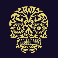 Gold color skulls patterns graphic print, It represents death in the next world, Design element for logo, tattoo, textile, fabric pattern design decorations templates and other designs.