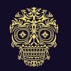 Gold color skulls patterns graphic print, It represents death in the next world, Design element for logo, tattoo, textile, fabric pattern design decorations templates and other designs.