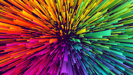 Colorful circular geometric explosion with radiating rectangular rays from the center. Dynamic rainbow light trails of burst for presentation, event, party, carnival, celebration. Vector illustration