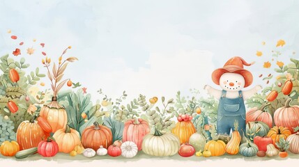 Fototapeta premium Autumn vegetables, scarecrow in garden, fall recipes book, rustic kitchen, Watercolor style