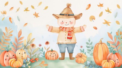 Fototapeta premium Fall recipes, scarecrow with pumpkins, autumn vegetables on table, warm and cozy, Watercolor style