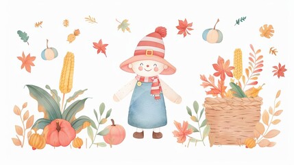 Naklejka premium Scarecrow with corn, fall recipes, autumn vegetables in basket, cozy cooking, Watercolor style