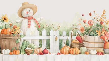 Fototapeta premium Scarecrows, autumn vegetables in baskets, fall recipe preparations, cozy farmhouse kitchen, Watercolor style
