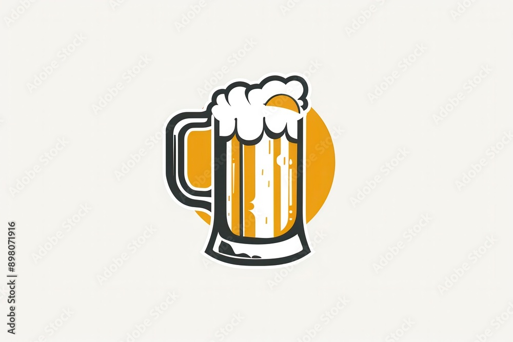 Poster A black and white beer mug logo with foam and a yellow circle behind it, set against a plain white background. Generative AI