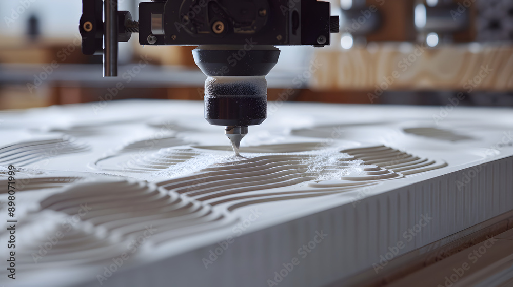 Poster simple straight line being cnc deep cut on a large white mdf mat panel
