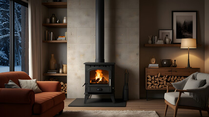 living room with fireplace, ai generated