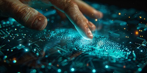 Artistic fingerprint hologram overlaid with finger tapping on a tablet, representing safeguarding personal data.