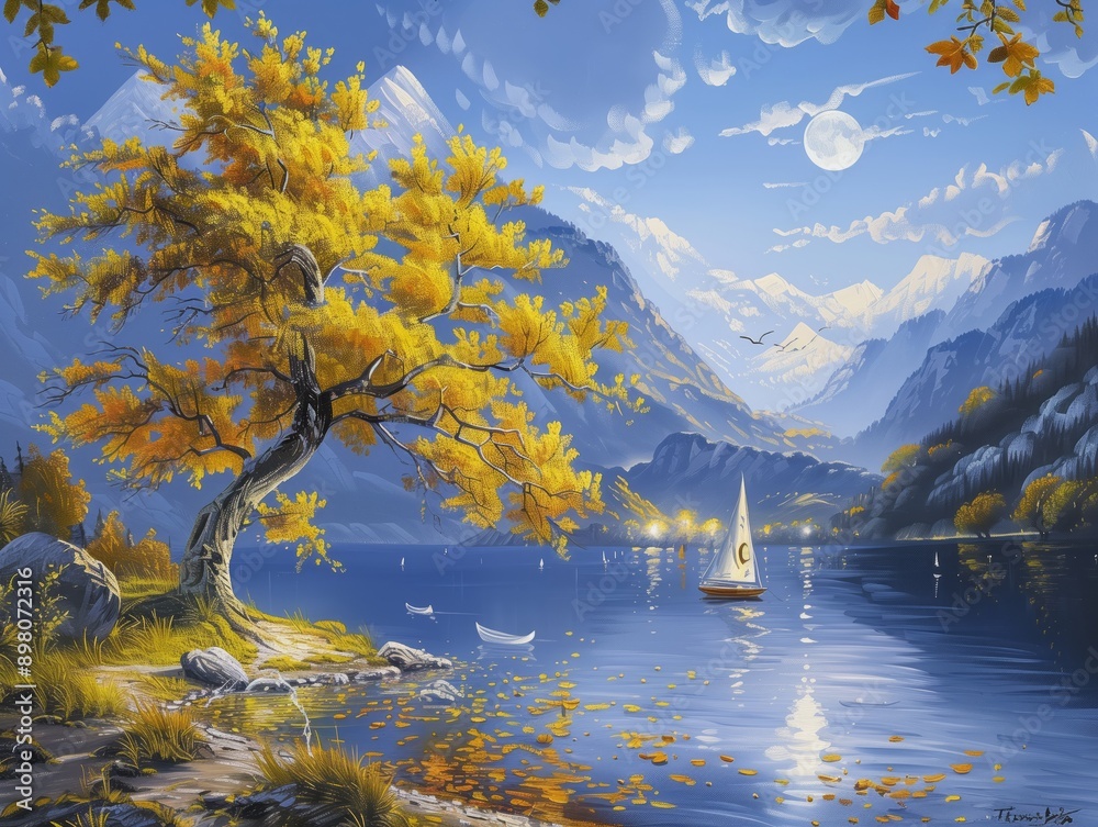 Canvas Prints A beautiful tree stands on the shore of an island in front of mountains, there is water around it and small boats floating on its surface, behind which you can see two moons