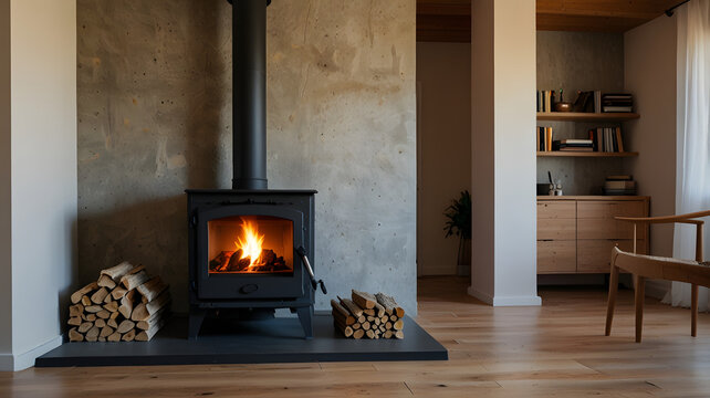 fireplace with burning logs, ai generated