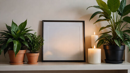 Decorative blank frame on shelf with plants and small candles