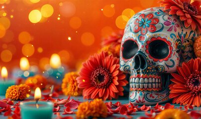 Dia de Los Muertos wallpaper with copy space, Day of the Dead composition with skulls and orange flowers