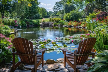 Obraz premium Pondside seating in a stunning garden setting.