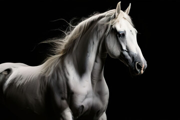 Obraz premium White horse portrait, close up image of a white horses head on a black background, image created with generative ai.