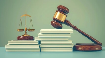 A close-up of a judge's gavel next to scales of justice, symbolizing law, order, and legal concepts on stacked documents.