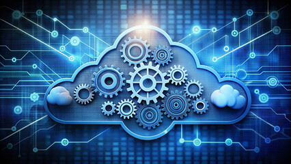 Stylized cloud computing icon with gears and arrows surrounding it, symbolizing innovative and efficient solutions for modern business and technology industries.