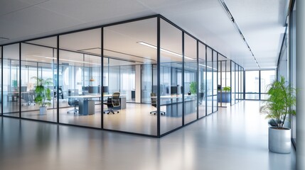 Obraz premium ultra-modern office space in a high-tech building with smart glass walls that change opacity for privacy and focus