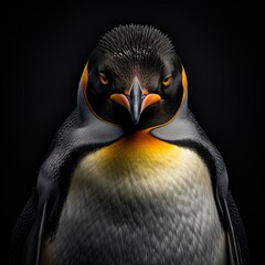 Naklejka premium A captivating close-up image of an enraged penguin with a bright yellow beak and sleek black feathers, standing boldly on a snowy landscape, emanating a fierce presence in its icy surroundings.