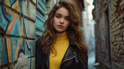 Naklejka premium brown-haired woman wearing a yellow sweater and black jacket
