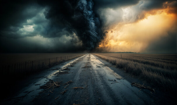 tornado/ hurricane / massive storm in the field and countryside road causing destruction
