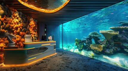 underwater themed office with walls that simulate a coral reef view, complete with a modern desk and ambient lighting