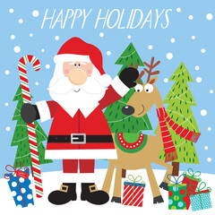 Obraz premium Christmas card design with Santa, reindeer and tree