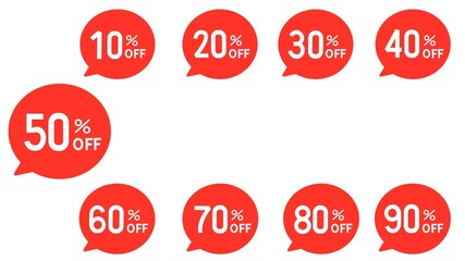 Sale tag speech bubble red shape with different discount set. 10, 20, 30, 40, 50, 60, 70, 80 and 90 percent price clearance sticker badge banner label vector illustration isolated on white