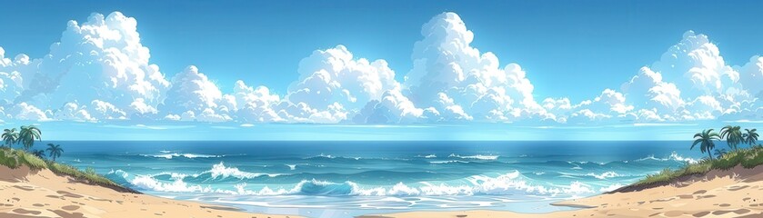 Fototapeta premium A serene beach scene with gentle waves, soft sand, and fluffy clouds under a bright blue sky, perfect for relaxation and escape.