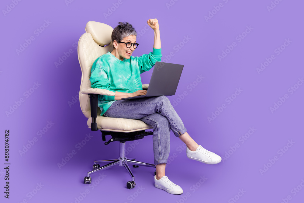 Poster full length photo of lovely pensioner lady sit armchair netbook winning dressed stylish green garmen