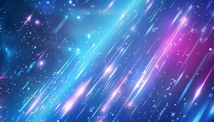Naklejka premium A mesmerizing cosmic abstract scene with deep blue and light purple gradient background, interspersed with vibrant neon streaks and glowing particles, evoking a sense of wonder and beauty.