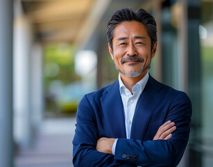 Portrait of confidently and smiling a Japanese businessman standing outside an office building with arms crossed over him chest.