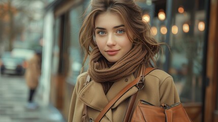 Beautiful Woman Smiling in Brown Coat and Scarf