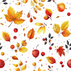 A colorful autumn scene with mushrooms, leaves, and pumpkins