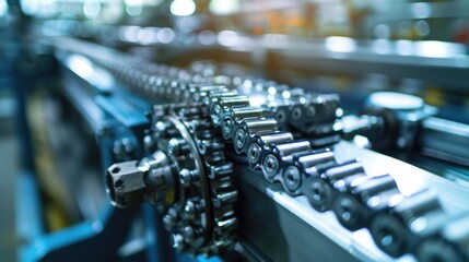 Obraz premium Conveyor Belt Gear Chain Drive Shaft in Manufacturing Process